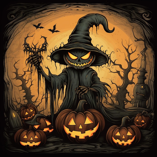 a cartoon drawing of a witch with a pumpkin on it