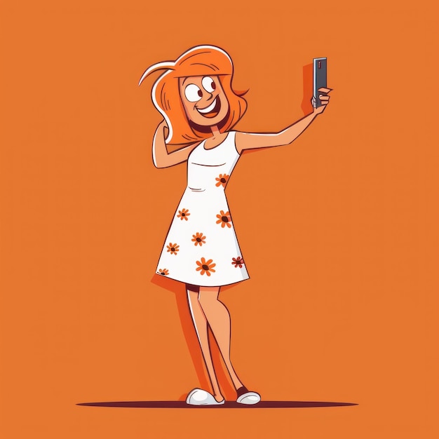 Photo a cartoon drawing of a woman holding a phone with flowers on it