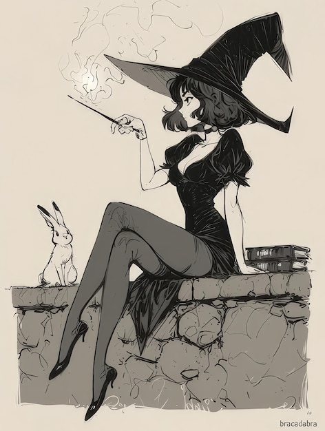 Photo a cartoon drawing of a woman with a magic wand and a rabbit