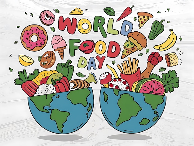 Photo a cartoon drawing of a world with a world of food and a world of food