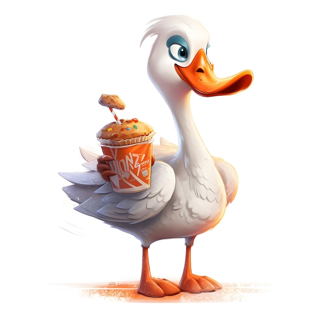 A cartoon duck eating fast food