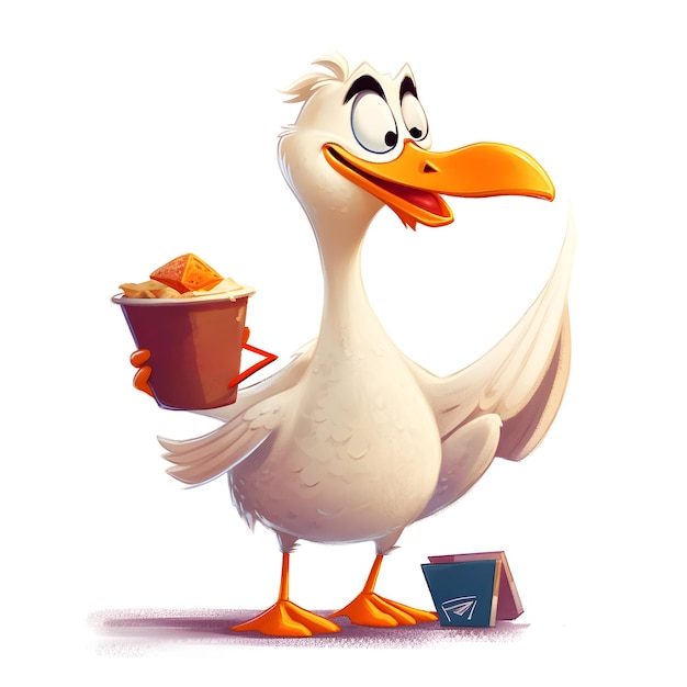 A cartoon duck eating fast food