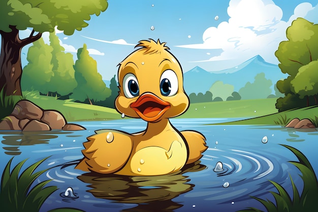 a cartoon duck is swimming in a pond