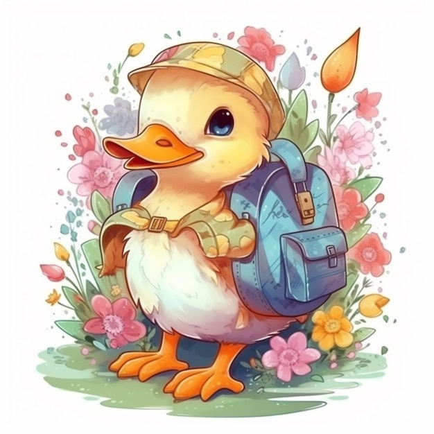 Cartoon duck with backpack and flowers generative ai