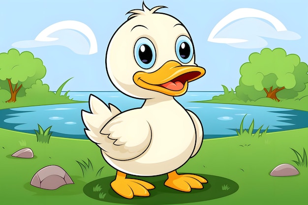 cartoon of a duck with blue eyes and a pond in the background