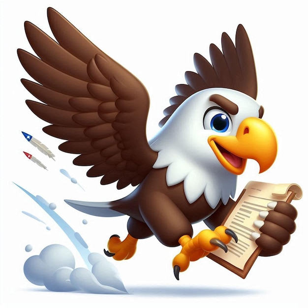 Photo a cartoon eagle holding a book with a pencil in his hand