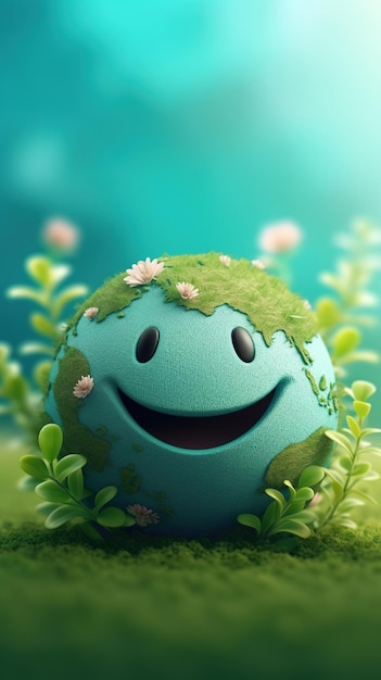 A cartoon earth with a smiling face in the grass.