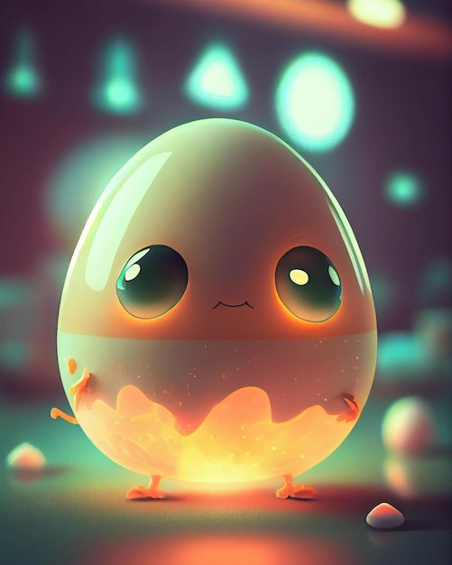 A cartoon egg with eyes and a glowing egg in the dark