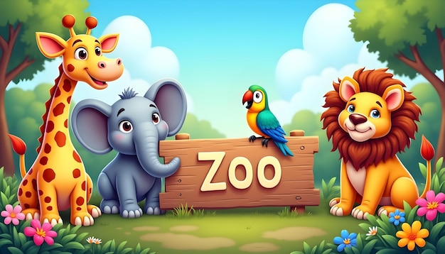 Photo cartoon elephant cartoon lion cartoon giraffe zoo sign wooden sign grassy background blue sky