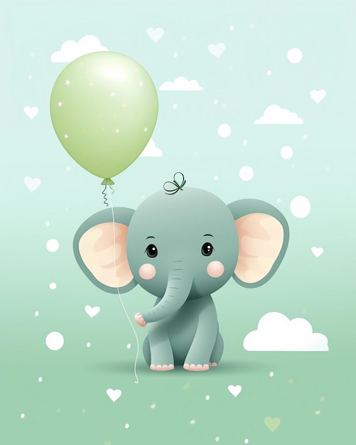 A cartoon elephant holding a green balloon