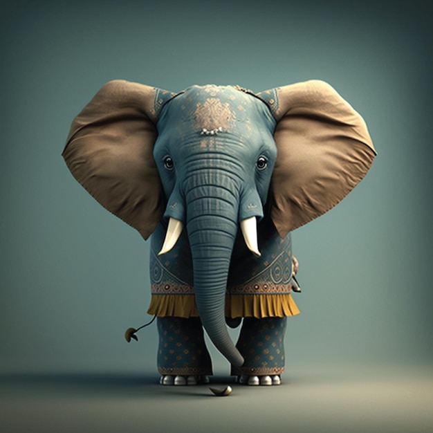 A cartoon elephant with a blue and gold outfit with the word elephant on it.