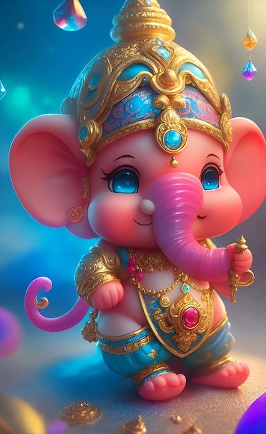 A cartoon elephant with a pink trunk and blue eyes.