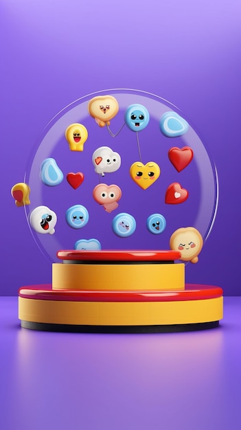 Cartoon emoticon display stand with candles and confetti Social media podium background with emojis