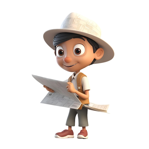 Cartoon explorer with map Isolated on white background 3d rendering