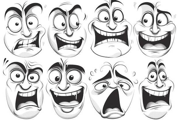 Photo cartoon expressions drawing of human emotions in laughter smiles tears and fearful expressions