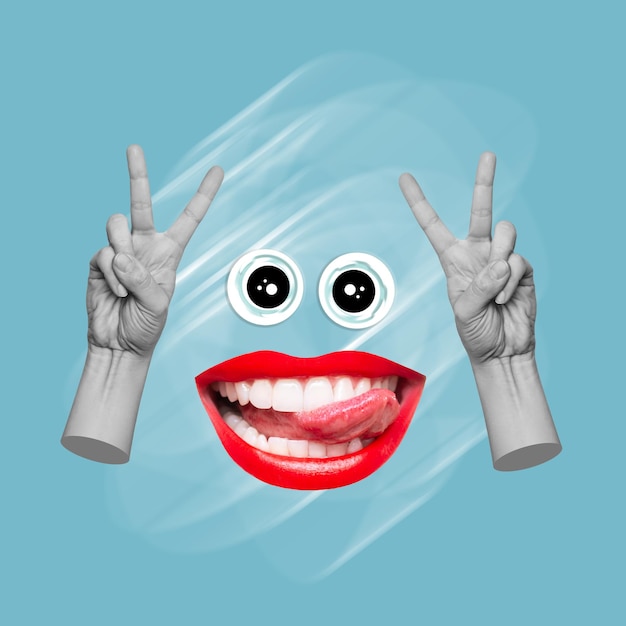 Cartoon face with eyes, woman mouth with red lips showing tongue, female hands showing peace gesture