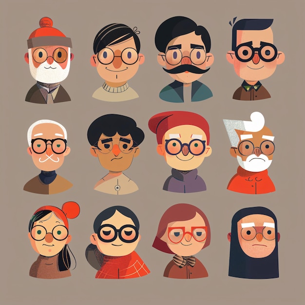 Photo cartoon faces of individuals in glasses with varied hairstyles and expressions