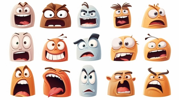 Cartoon faces set Angry laughing smiling crying