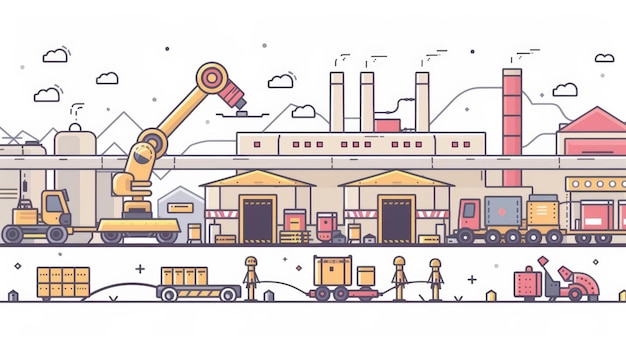 Photo a cartoon of a factory with robots handling logistics and transportation