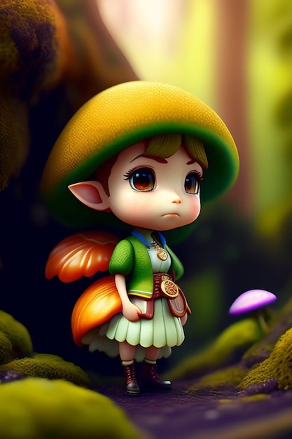 A cartoon of a fairy with a mushroom on her head