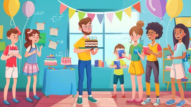 a cartoon of a family celebrating a birthday