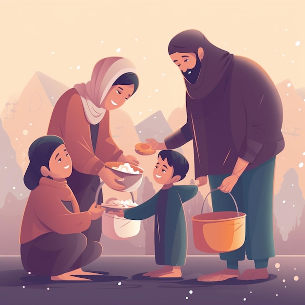 A cartoon of a family having food and a bucket of food