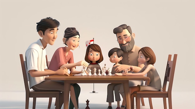 a cartoon of a family playing chess with a family in the background