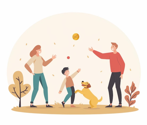 a cartoon of a family playing with a dog and a man with a dog