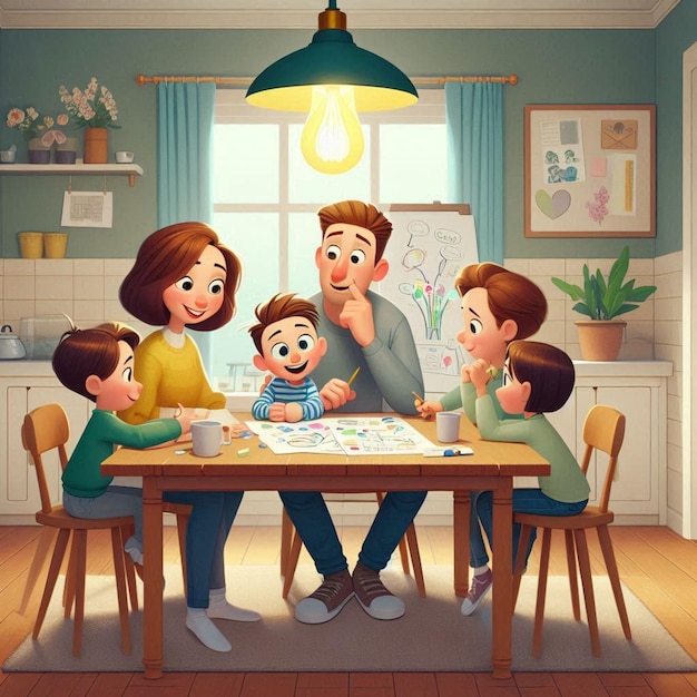 a cartoon of a family at a table with a man and children playing a game