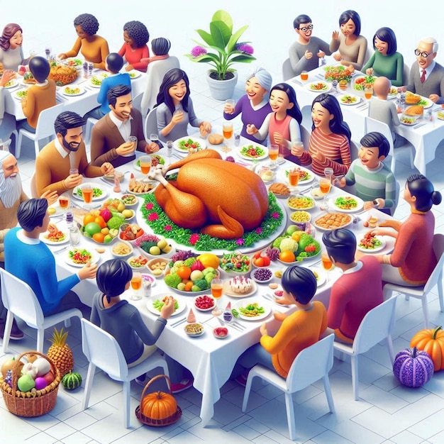 a cartoon of a family at a table with a turkey on it