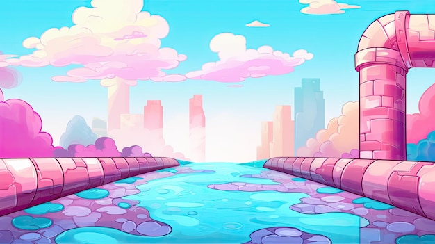 cartoon fantastical cityscape Broken water pipe with leakage