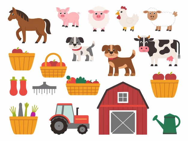 Photo cartoon farm animals and equipment with red barn tractor produce baskets