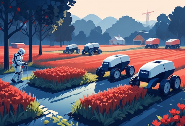 a cartoon of a farm with a field of flowers and a farm in the background