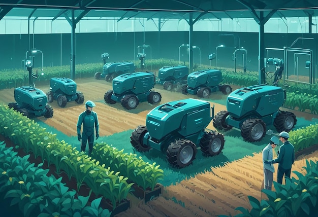 a cartoon of a farm with a man in a green uniform standing in front of a farm with several tractors