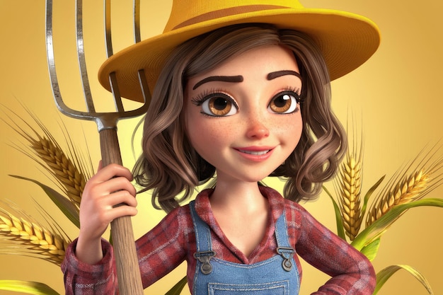 A cartoon farmer girl with a pitchfork and wheat