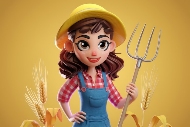 A cartoon farmer girl with a pitchfork and a yellow hat