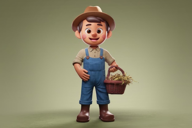 A cartoon farmer holding a basket full of hay