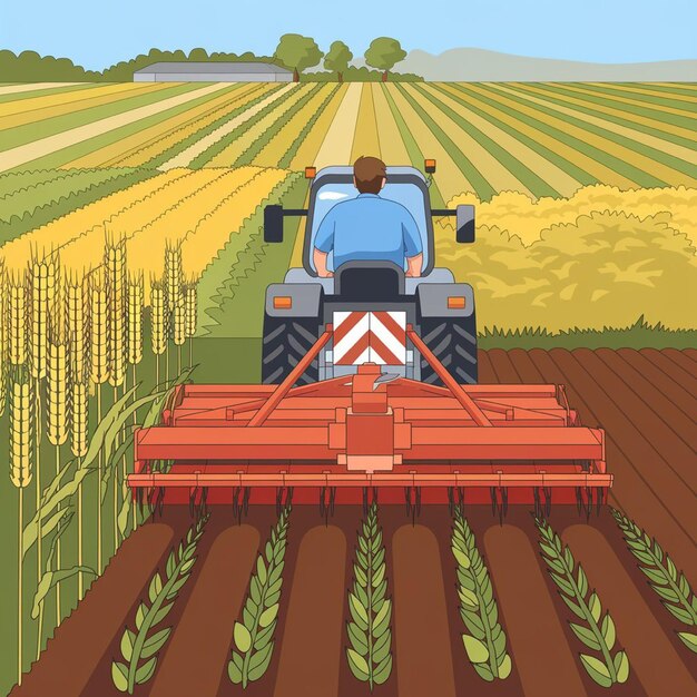 Photo a cartoon of a farmer on a tractor in a field