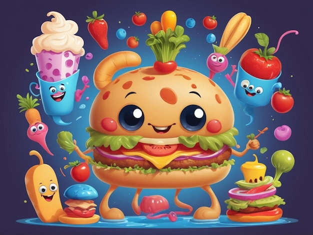 Photo cartoon fast food poster retro groovy cards with mascot food characters