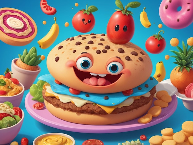 Photo cartoon fast food poster retro groovy cards with mascot food characters