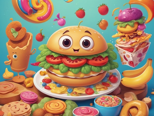 Photo cartoon fast food poster retro groovy cards with mascot food characters