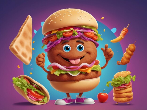 Photo cartoon fast food poster retro groovy cards with mascot food characters