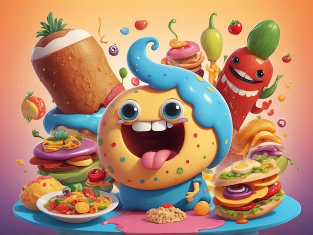 Photo cartoon fast food poster retro groovy cards with mascot food characters