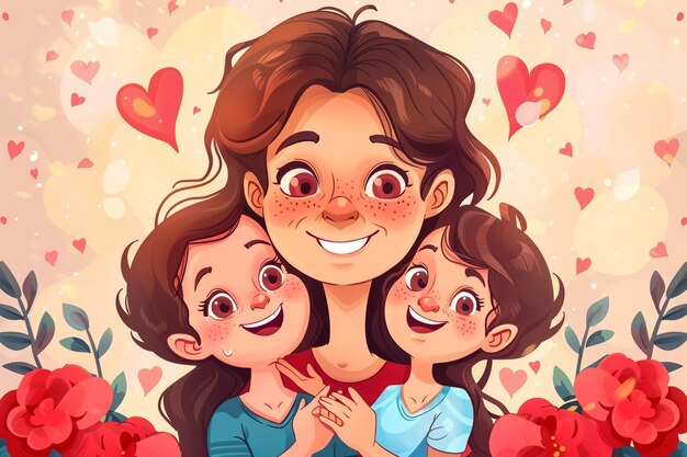 a cartoon of a father and two children with hearts and a girl with a heart behind them