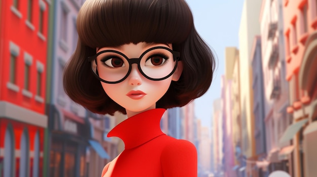 a cartoon of a female model wearing glasses and a red dress