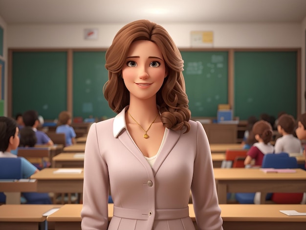 a cartoon of a female teacher in front of a classroom