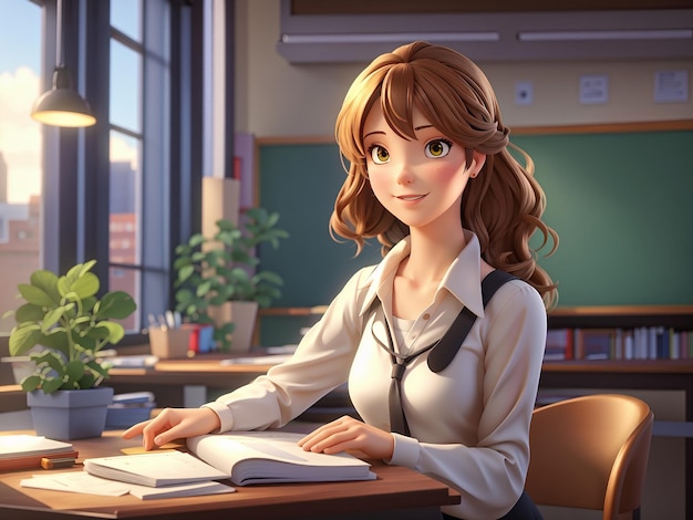 a cartoon of a female teacher in front of a classroom