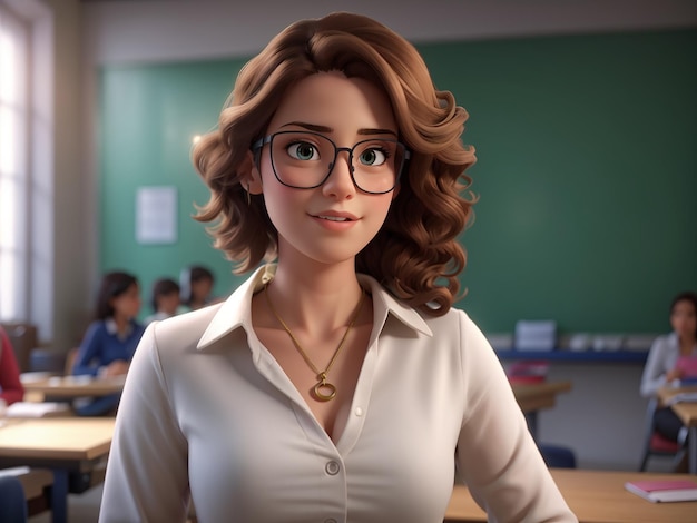 a cartoon of a female teacher in front of a classroom