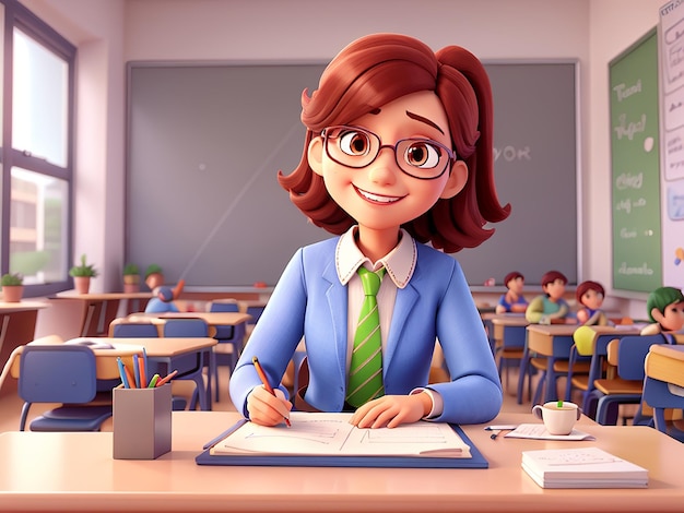 a cartoon of a female teacher with a book in her hand