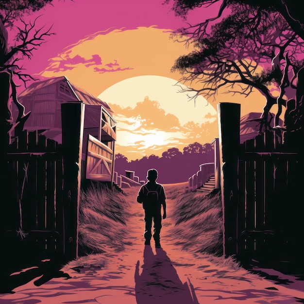 Cartoon Figure Walking Into Remote Town At Sunset Editorial Illustration